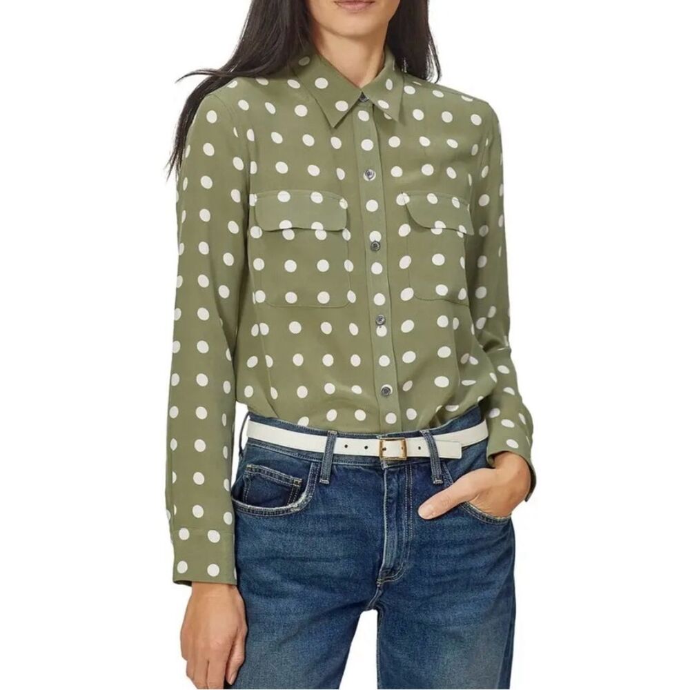 Equipment Olive Green Polka Dot silk  Button-Down Shirt, XXL